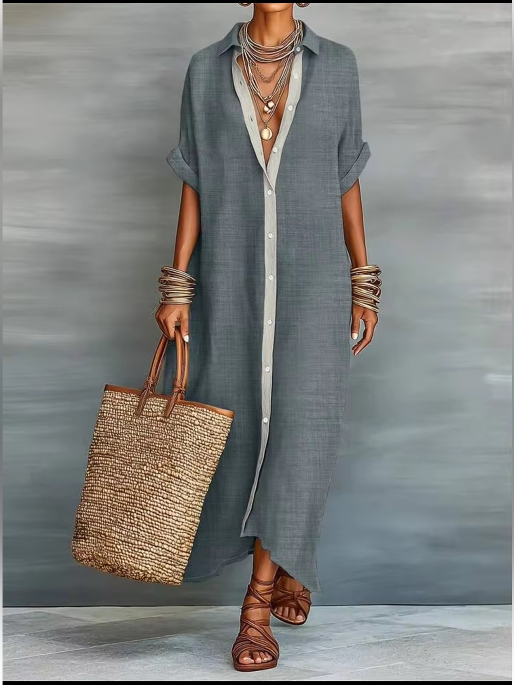 SHEIN Slate Gray Button-Down Maxi Dress with Contrast Trim